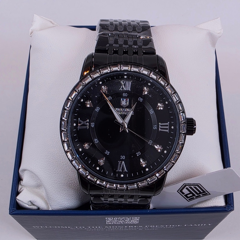 Montres Prestige Mens Black Stainless Steel Crystal Bezel Watch Analog Quartz